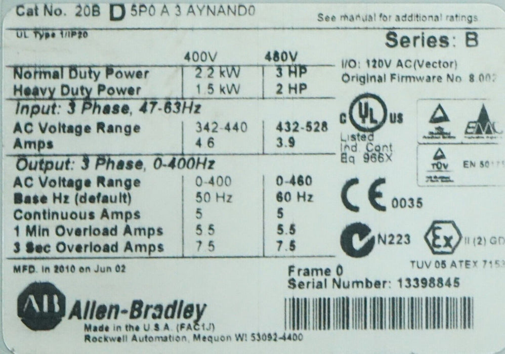 Low Hours Allen-Bradley 20BD5P0A3AYNAND0 PowerFlex 700 3HP 480 VAC FRN:8.002