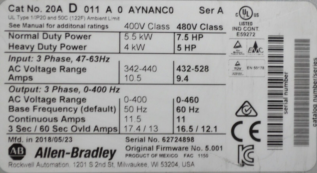 2018 Allen-Bradley PowerFlex 70 7.5 HP 20AD011A0AYNANC0 Tested Good Series A