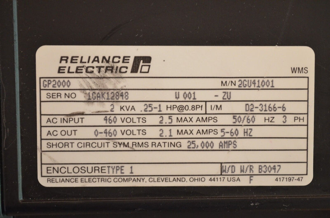 Reliance Electric 2GU41001 AC VS Drive GP-2000 460V 2.5A 50/60HZ 3PH Tested Good