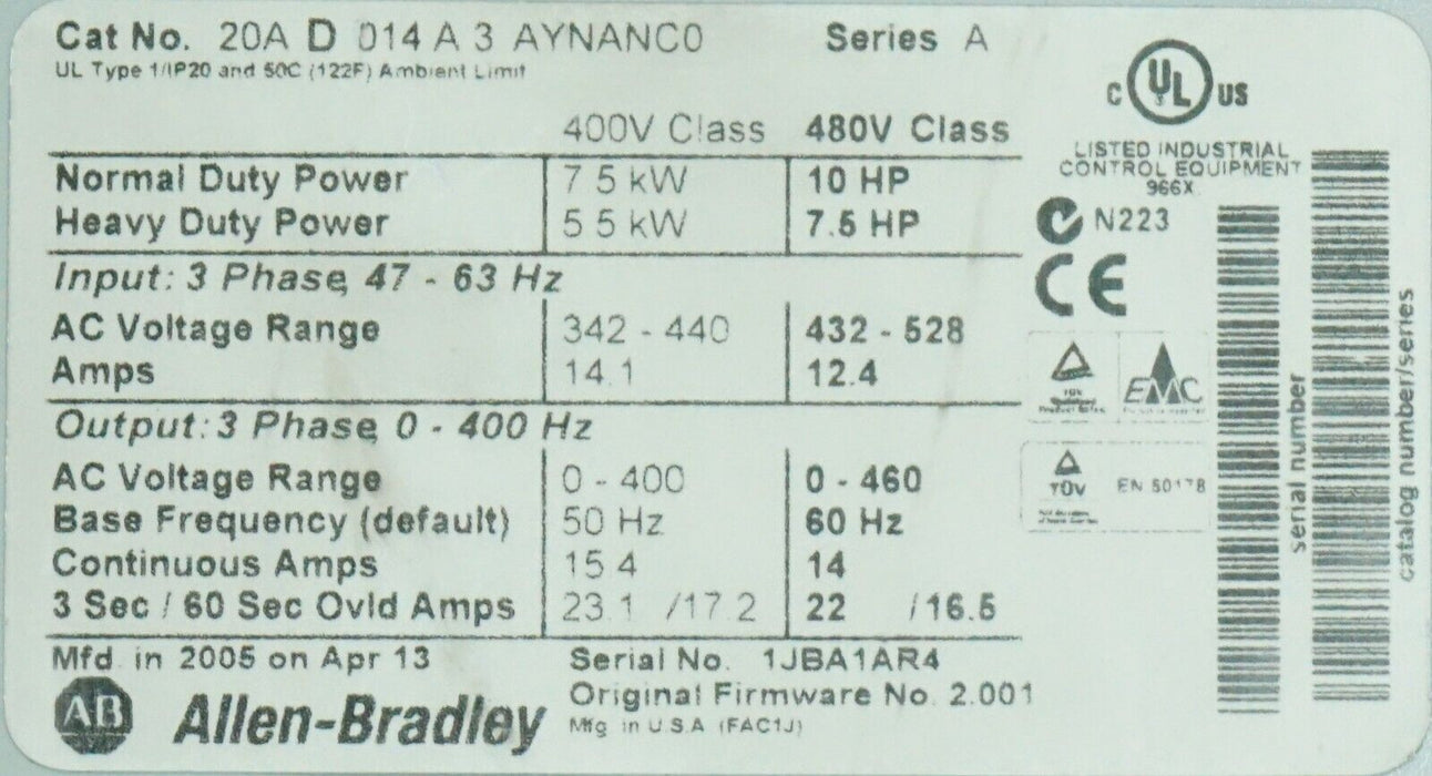 Allen-Bradley PowerFlex 70 20AD014A3AYNANC0 10HP FRN:2.001 Tested Good