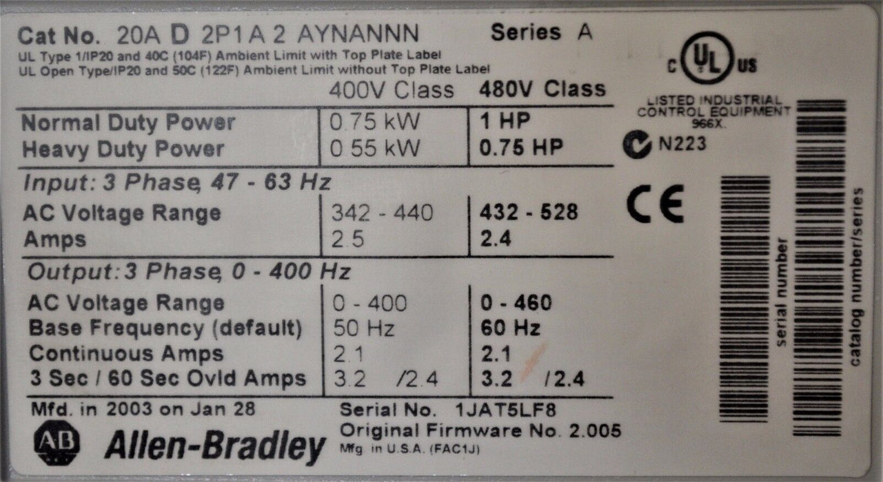 Allen-Bradley PowerFlex 70 1 HP 20AD2P1A2AYNANNN 480VAC FRN: 2.005 Tested Good