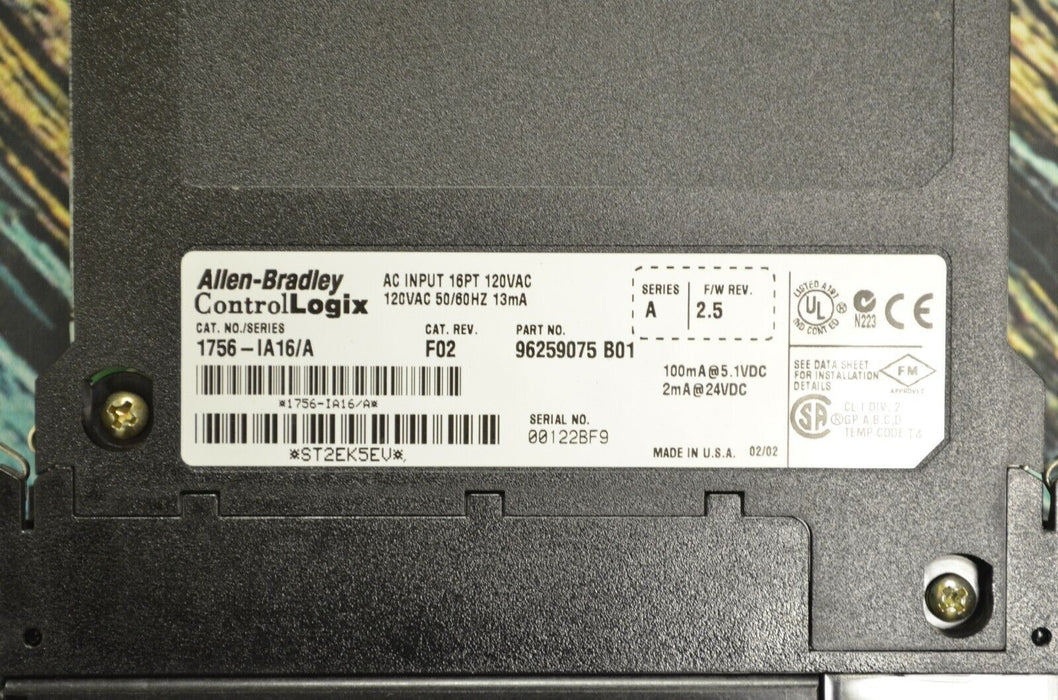 Allen-Bradley 1756-IA16/A REV.F02 F/W 2.5 Controllogix 16 Point Ac Input 120 VAC