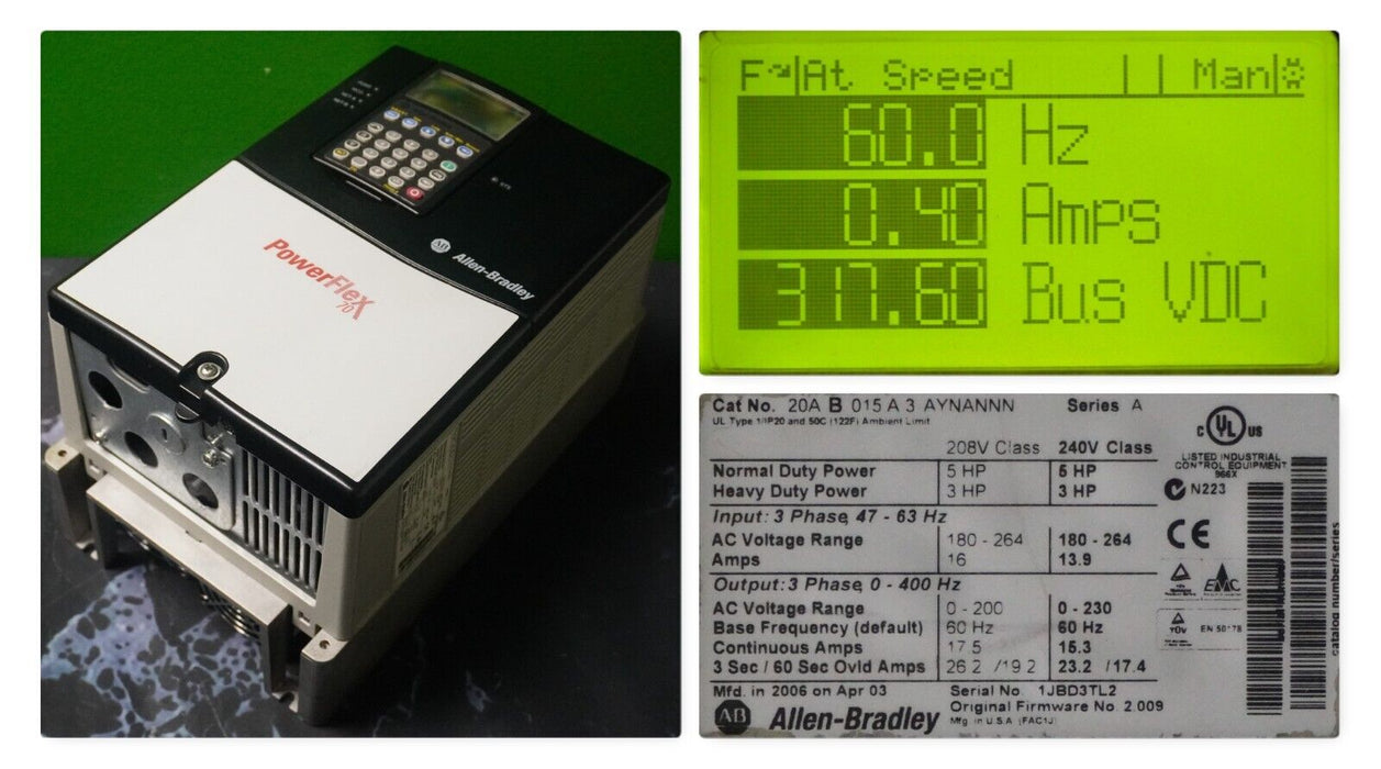 Allen-Bradley PowerFlex 70 5HP 20AB015A3AYNANNN 240VAC FRN:5.001