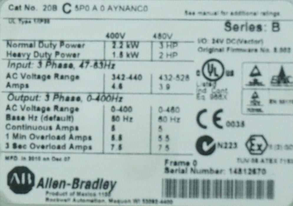 Low Hr Allen-Bradley PowerFlex 700 3 HP 20BC5P0A0AYNANC0 480 VAC FRN:8.002