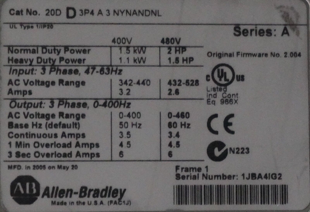 Allen-Bradley PowerFlex 700 2HP 20DD3P4A3NYNANDNL Power Supply FRN:2.004