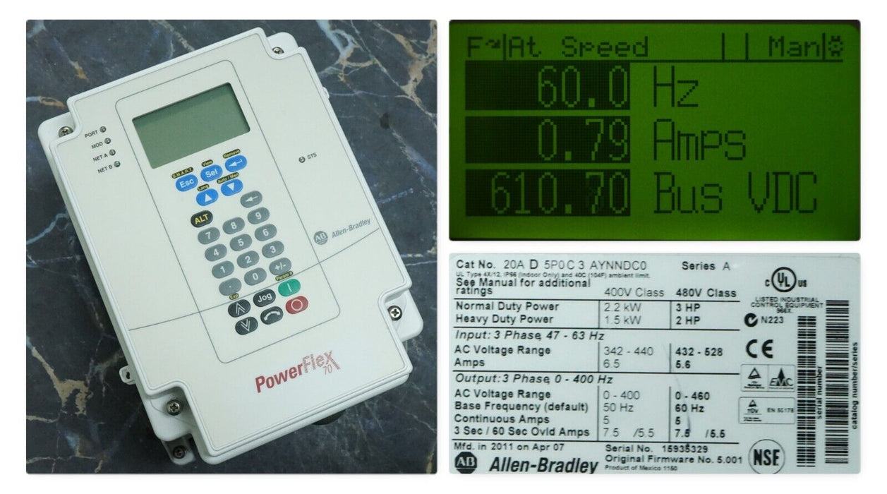 Low Hour Allen-Bradley PowerFlex 70 3 HP 20AD5P0C3AYNNDC0 Tested Good FRN:5.001