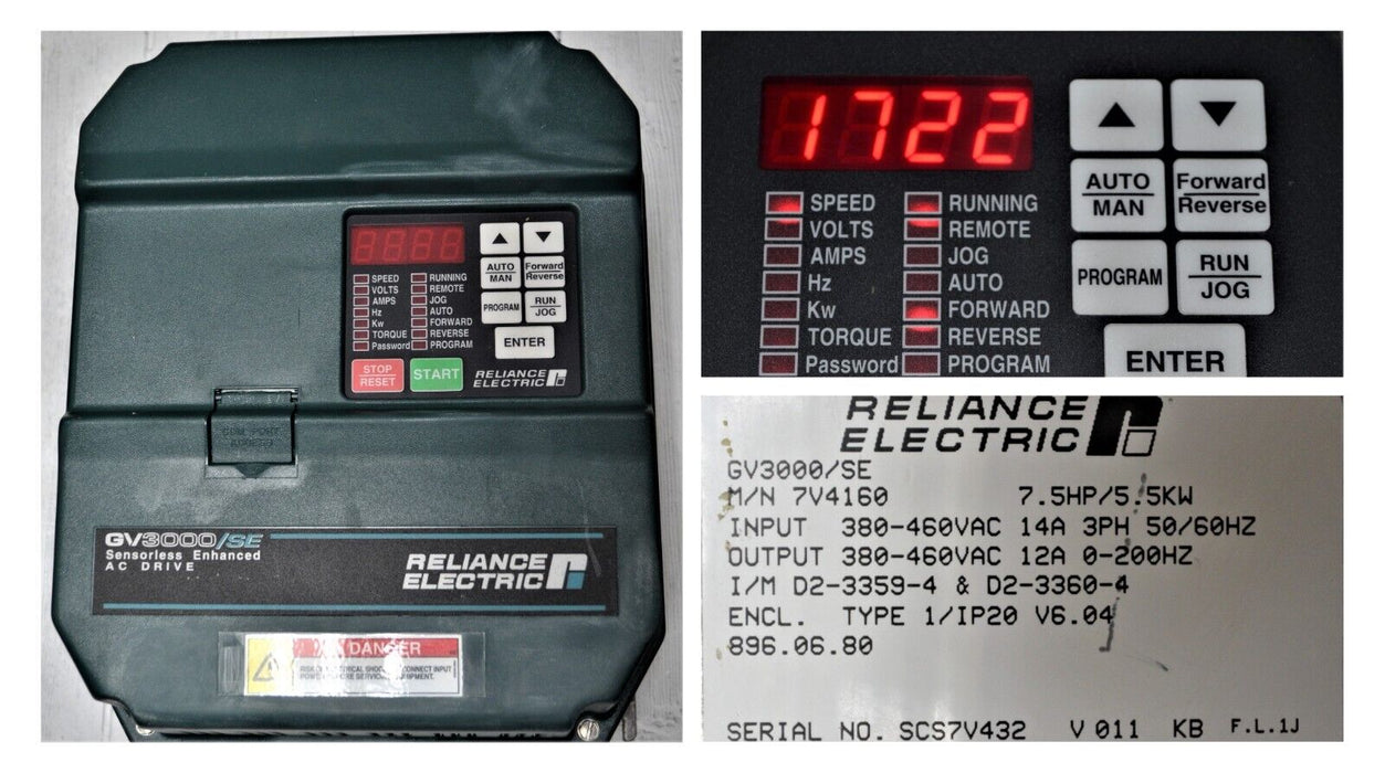 Reliance Electric GV3000 /SE 7.5 HP 7V4160 Firmware- 6.04 AC Drive Tested Good