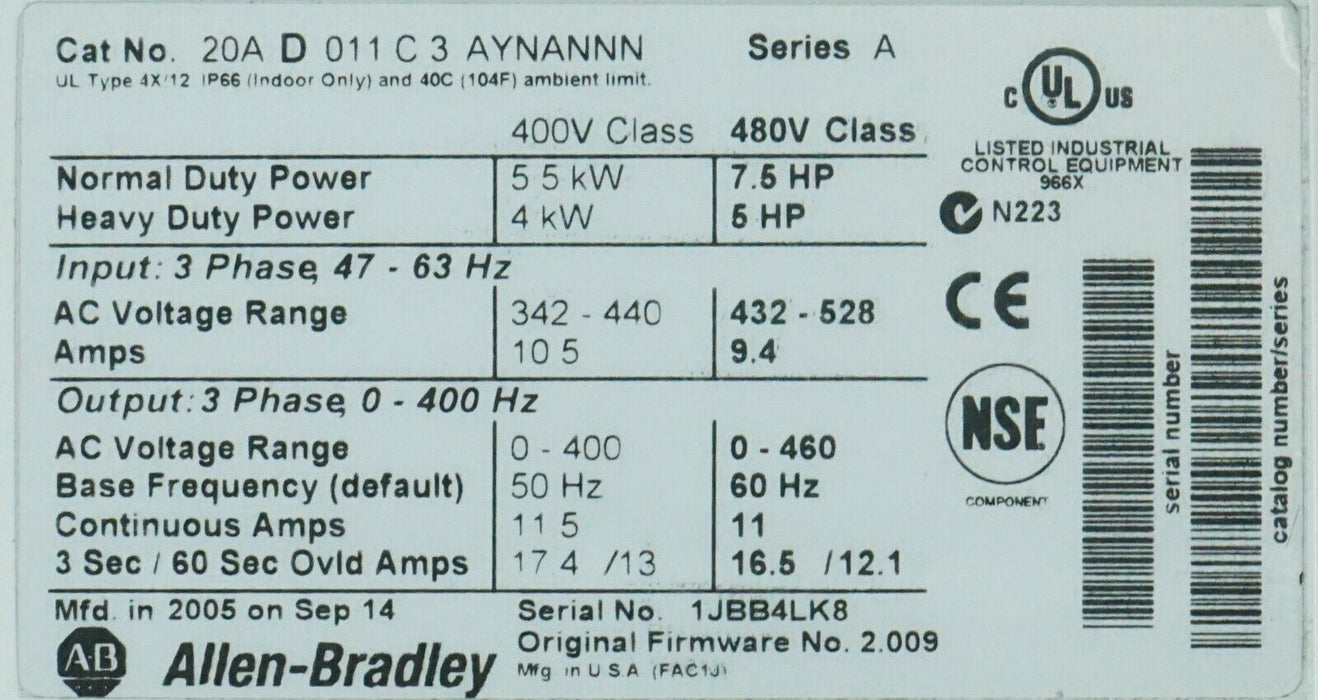 Zero Run Hr Allen-Bradley PowerFlex 70 20AD011C3AYNANNN 480VAC 7.5 HP FRN:2.009