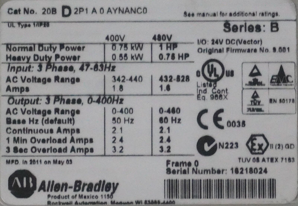 Allen-Bradley PowerFlex 700 1 HP 20BD2P1A0AYNANC0 Ser. B 480 VAC FRN:9.001