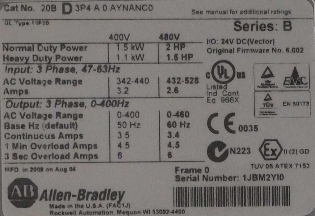 Low Hrs Allen-Bradley PowerFlex 700 2HP 20BD3P4A0AYNANC0 480VAC FRN:6.002 Tested