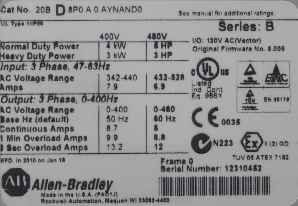 Allen-Bradley PowerFlex 700 20BD8P0A0AYNAND0 5 HP 480VAC FRN 6.005 Tested Good