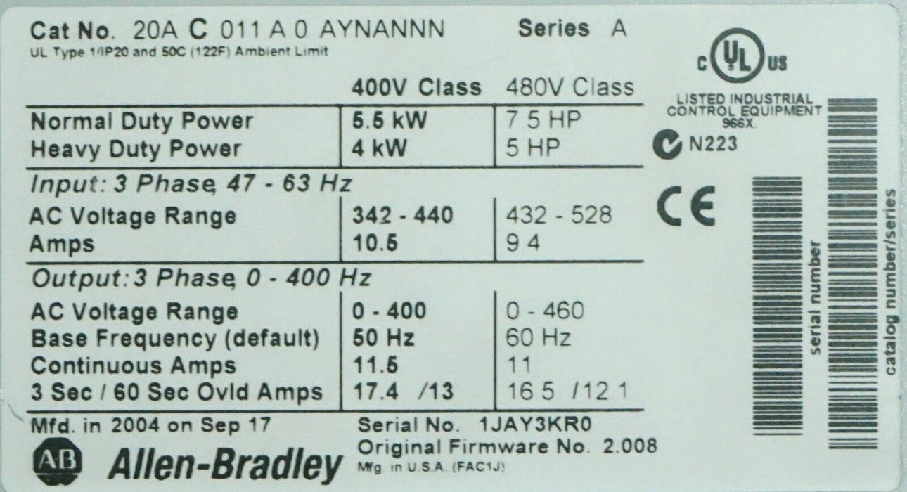 Low Hr Allen Bradley 20AC011A0AYNANNN/A Powerflex 70 7.5 HP VER 2.008