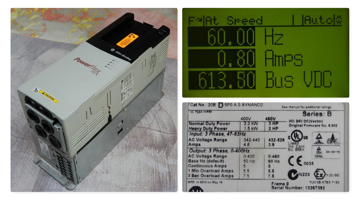 Low Hours Allen Bradley 20BD5P0A0AYNANC0/B PowerFlex 700 3HP 480 VAC FRN:8.002