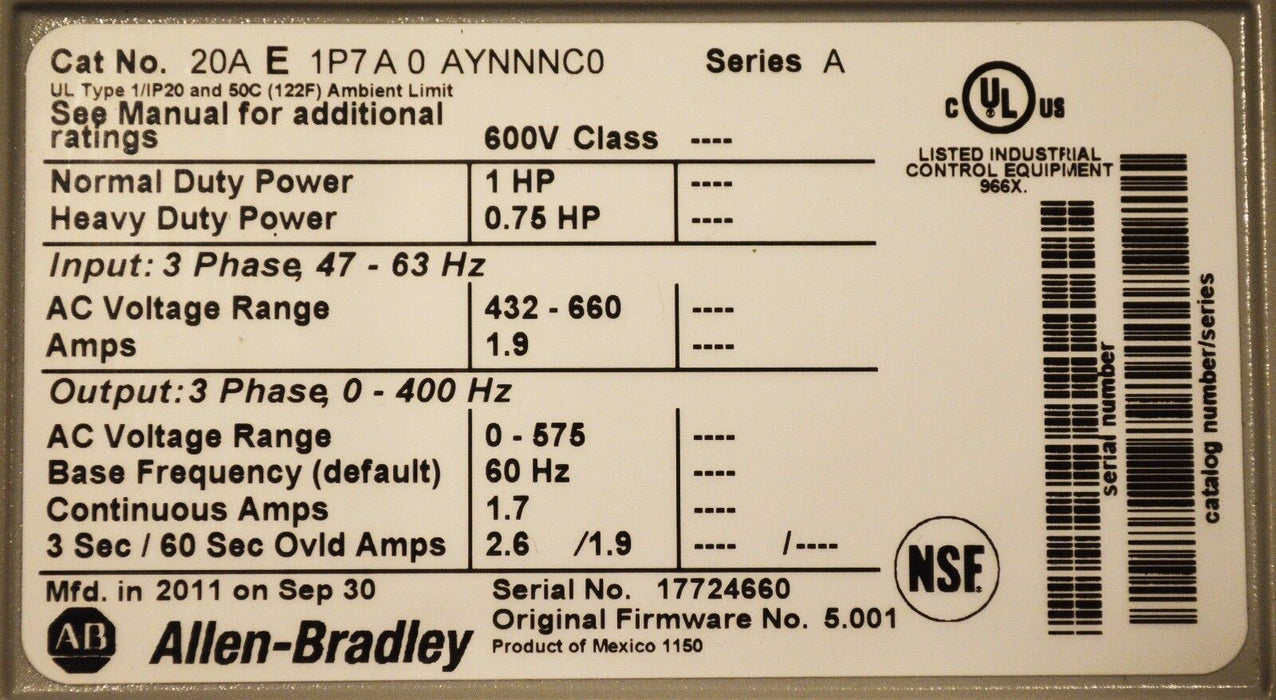 Allen-Bradley PowerFlex 70 1HP 20AE1P7A0AYNNNC0 600VAC FRN 5.001 Tested