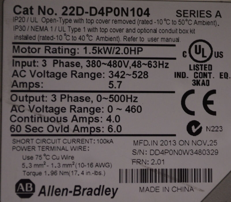 Low Hours 22D-D4P0N104 Allen Bradley PowerFlex 40P Drive 2 HP Series A