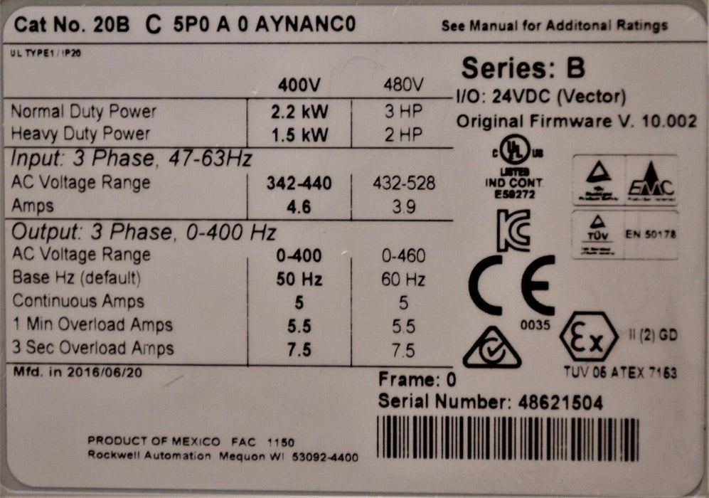 Low Hours Allen-Bradley PowerFlex 700 3 HP 20BC5P0A0AYNANC0 400 VAC FRN. 10.002