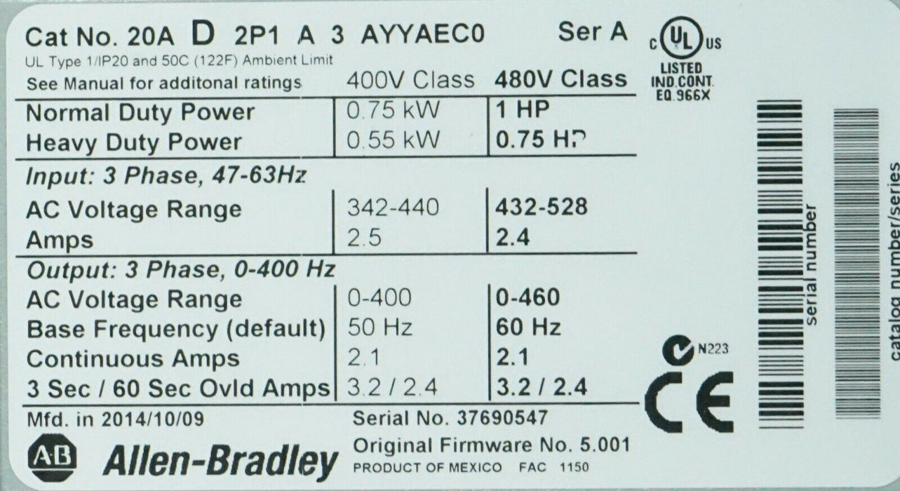 Allen-Bradley PowerFlex 70 1HP 20AD2P1A3AYYAEC0 Drive 480VAC FRN:5.001