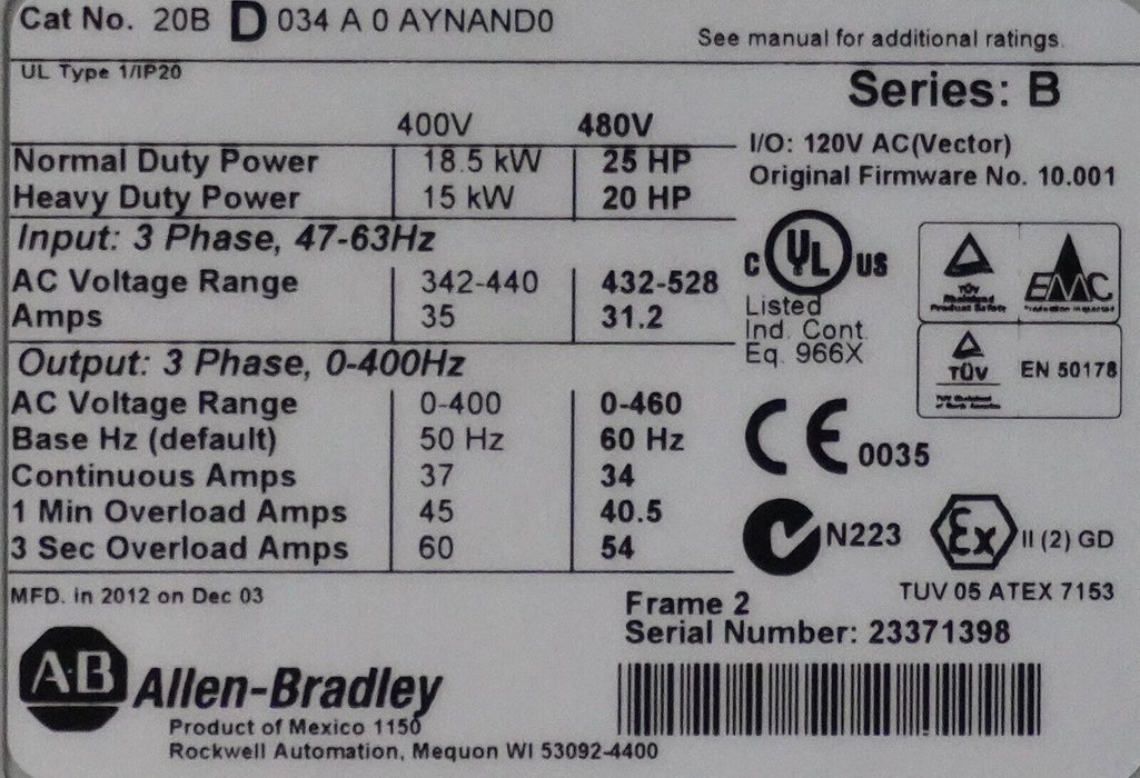 Allen-Bradley PowerFlex 700 25HP 20BD034A0AYNAND0 480VAC Tested Good  FRN:10.001