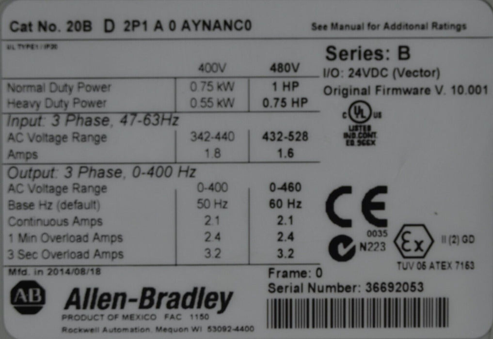 New Allen-Bradley PowerFlex 700 1 HP 20BD2P1A0AYNANC0 Ser. B 480 VAC FRN: 10.001