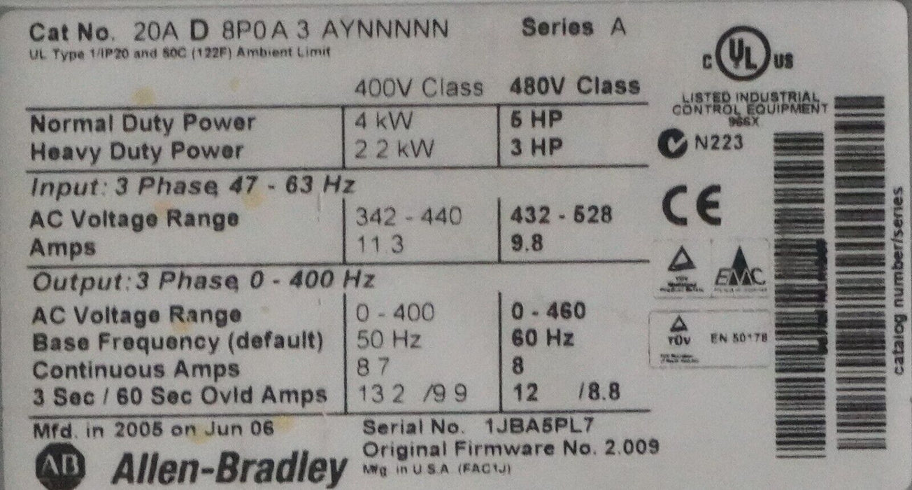 Allen-Bradley Powerflex 70 5 HP 20AD8P0A3AYNNNNN Series A FRN:2.009