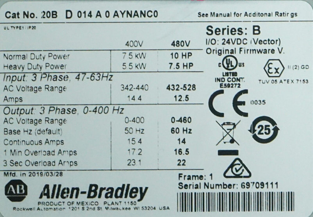 2019 Allen-Bradley PowerFlex 700 10HP 20BD014A0AYNANC0 480 VAC FRN:10.004