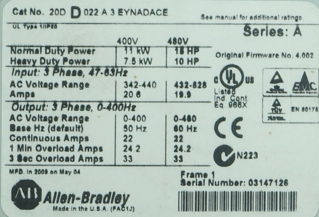 Allen Bradley 20DD022A3EYNADACE Ser A 15HP Powerflex 700S AC Drive 4.002