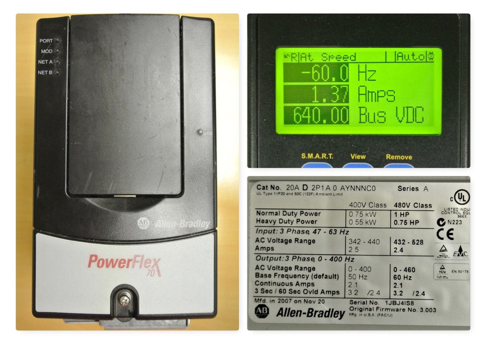 Allen-Bradley 20AD2P1A0AYNNNC0 PowerFlex 70 1 HP 480 VAC FRN 3.003 Tested Good