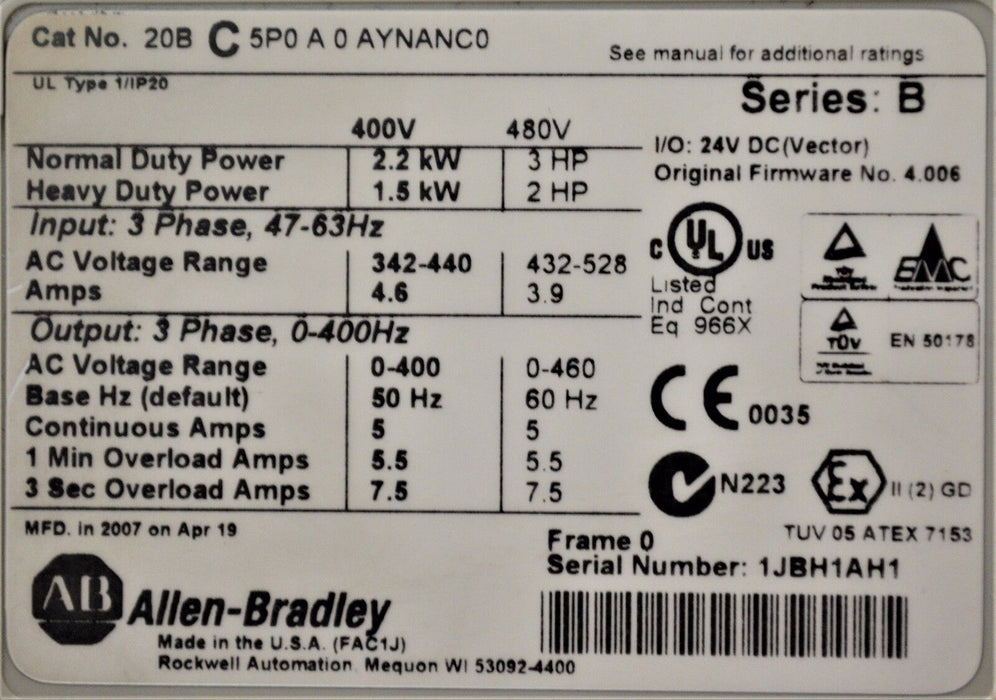 Allen-Bradley PowerFlex 700 3 HP 20BC5P0A0AYNANC0 342-528 VAC Tested Good