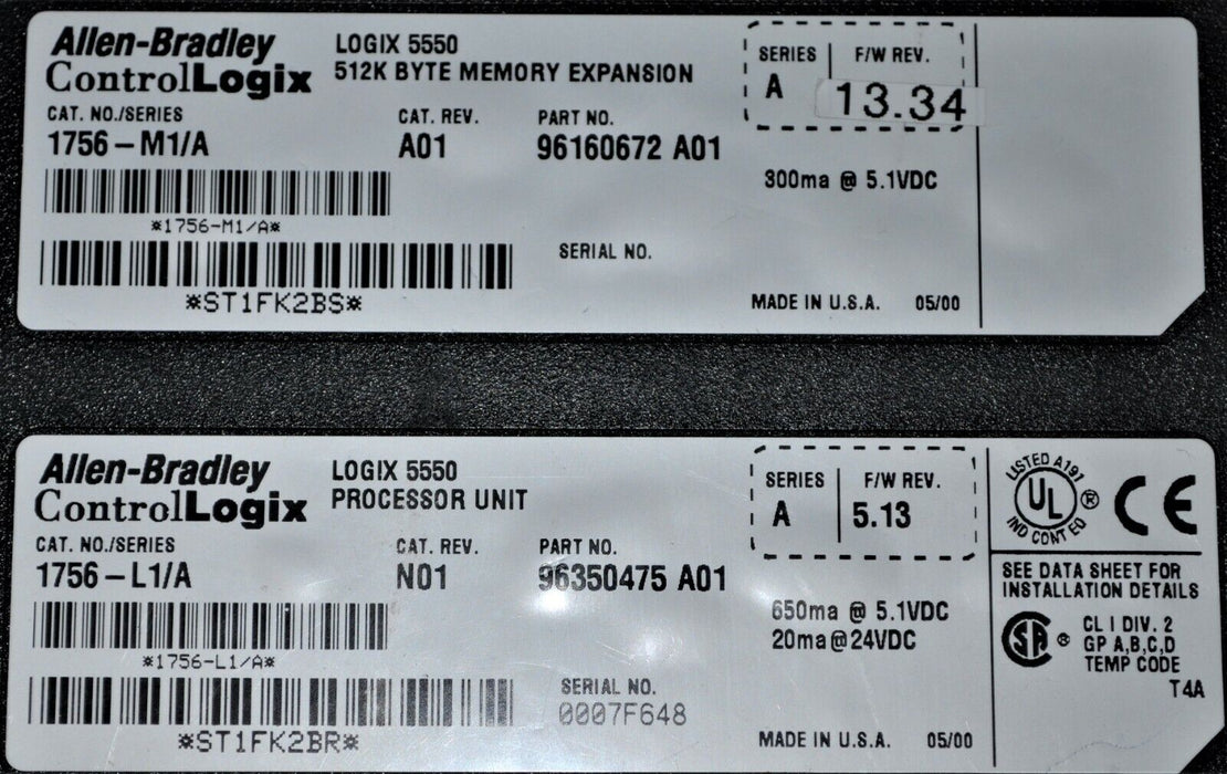 Allen Bradley 1756-L1/A W/1756-M1/A ControlLogix 5550 PLC Tested Good Ver: 13.34