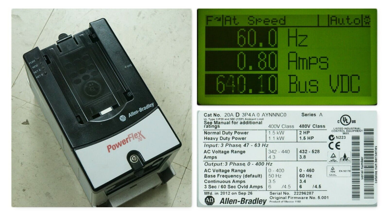 Allen-Bradley PowerFlex70 20AD3P4A0AYNNNC0/A 2 HP 480 VAC 3.4 AC Drive FRN:5.001