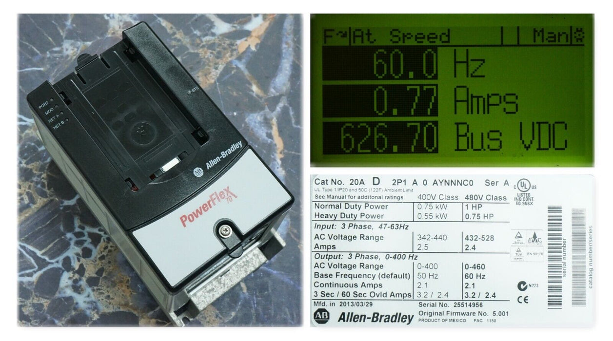 Low Hrs Allen-Bradley 20AD2P1A0AYNNNC0 PowerFlex 70 1 HP 480 VAC FRN 5.001