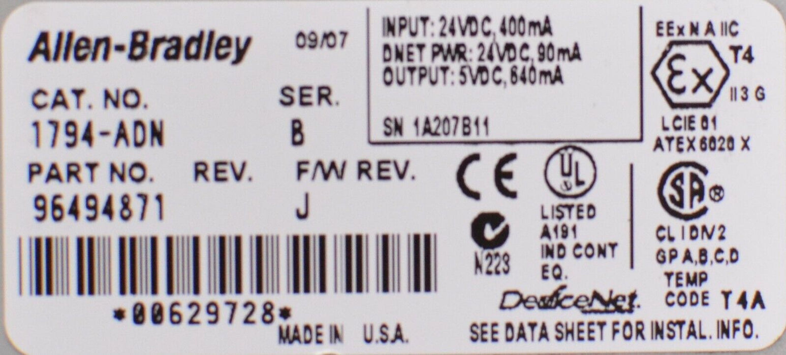 Allen Bradley 1794-ADN /B DeviceNet FLEX I/O DEVICENET Adapter Module Series B