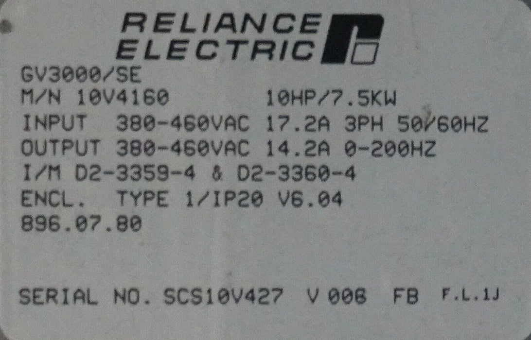 Reliance Electric GV3000/SE 10HP 10V4160 Drive Tested Good FRN:6.04