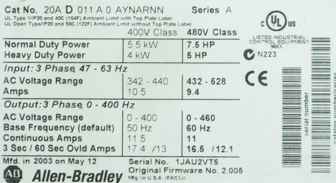 New Allen-Bradley PowerFlex 70 7.5 HP 20AD011A0AYNARNN 480 VAC FRN:2.005