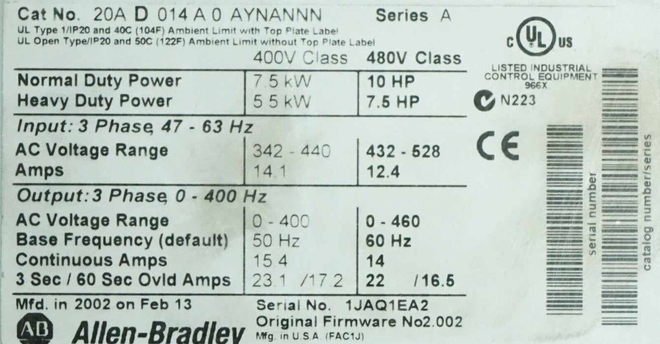 Allen Bradley PowerFlex 70 10 HP 20AD014A0AYNANNN Series A FRN:2.002 Tested Good