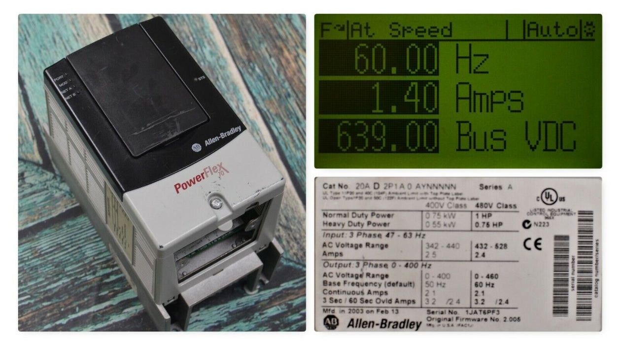 Allen-Bradley PowerFlex 70 20AD2P1A0AYNNNNN Ser.A 1 HP 2.005 2.1 Amps AC Drive