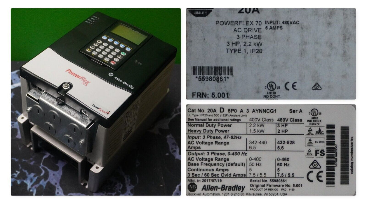 New Allen-Bradley PowerFlex 70 3HP 20AD5P0A3AYNNCG1 FRN:5.001