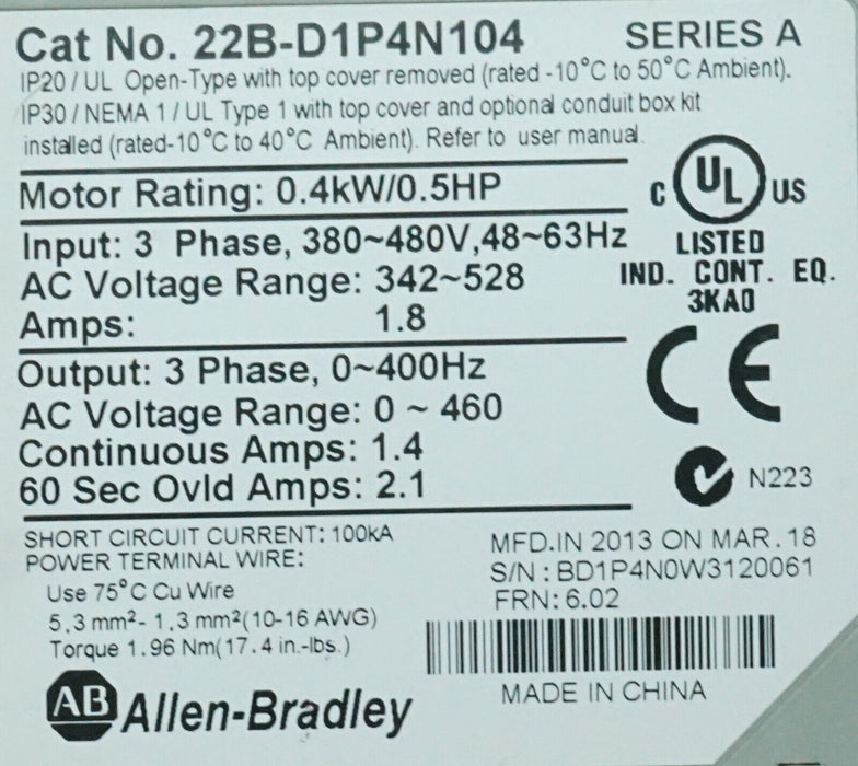 Low HR Allen-Bradley 22B-D1P4N104 PowerFlex 40 1/2HP Drive Tested Good FRN:6.02