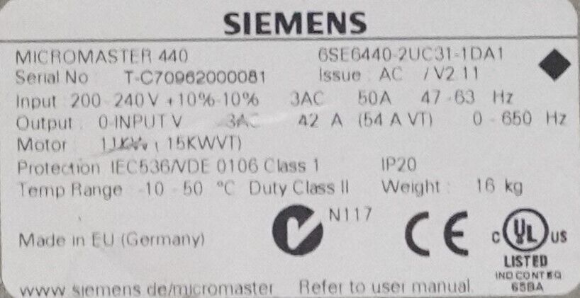 Siemens Micromaster 440 6SE6440-2UC31-1DA1 42A