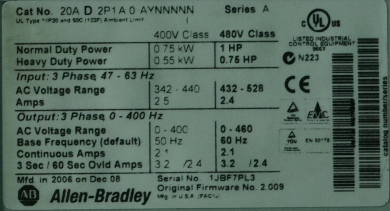 Allen Bradley PowerFlex 70 20AD2P1A0AYNNNNN 1HP 480VAC FRN:2.009