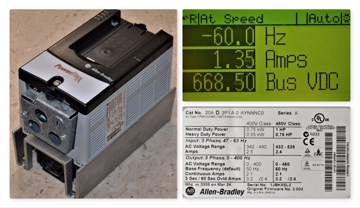 Allen-Bradley PowerFlex 70 1 HP 20AD2P1A0AYNNNC0  480 VAC FRN 3.003 Tested Good