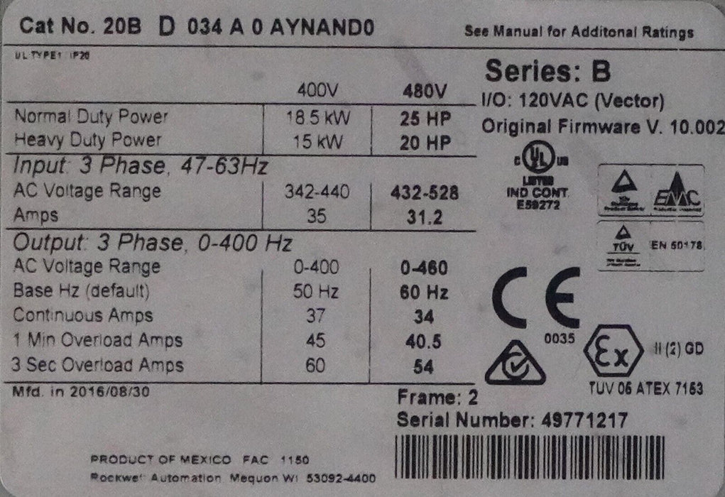 Allen-Bradley PowerFlex 700 25HP 20BD034A0AYNAND0 480VAC Tested Good  FRN:10.002