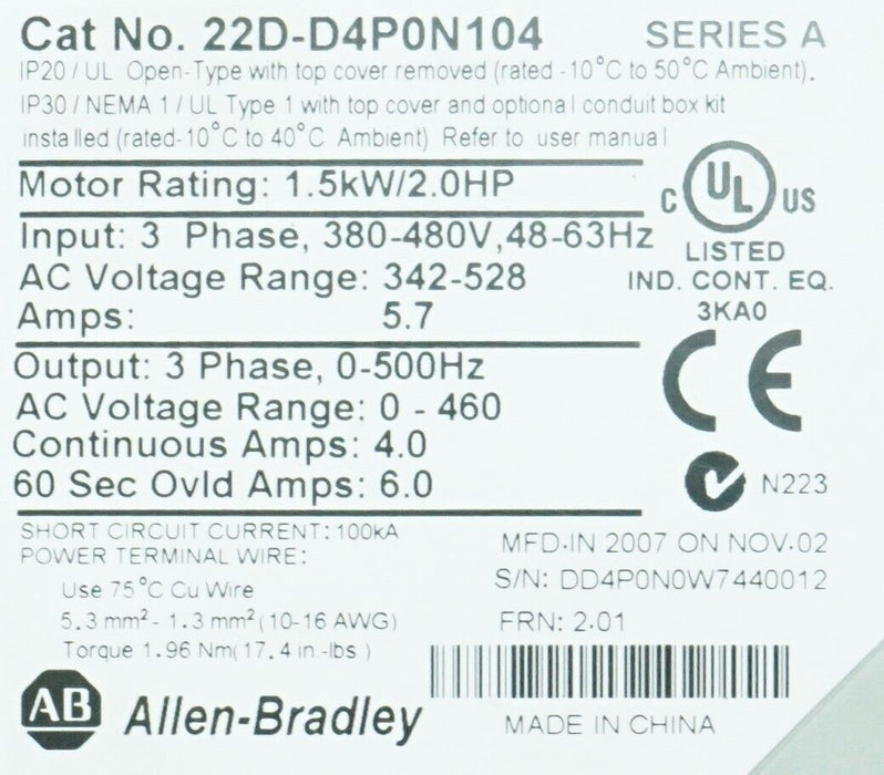 Zero Hours 22D-D4P0N104 Allen Bradley PowerFlex 40P Drive 2 HP Series A FRN:2.01