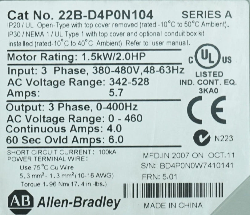 Allen Bradley 2HP Powerflex40 22B-D4P0N104 Series A Tested Good FRN:5.01