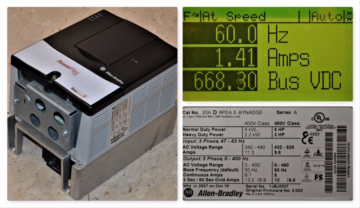 Allen-Bradley PowerFlex 70 5 HP 20AD8P0A0AYNADG0 480VAC FRN:3.003 Tested Good