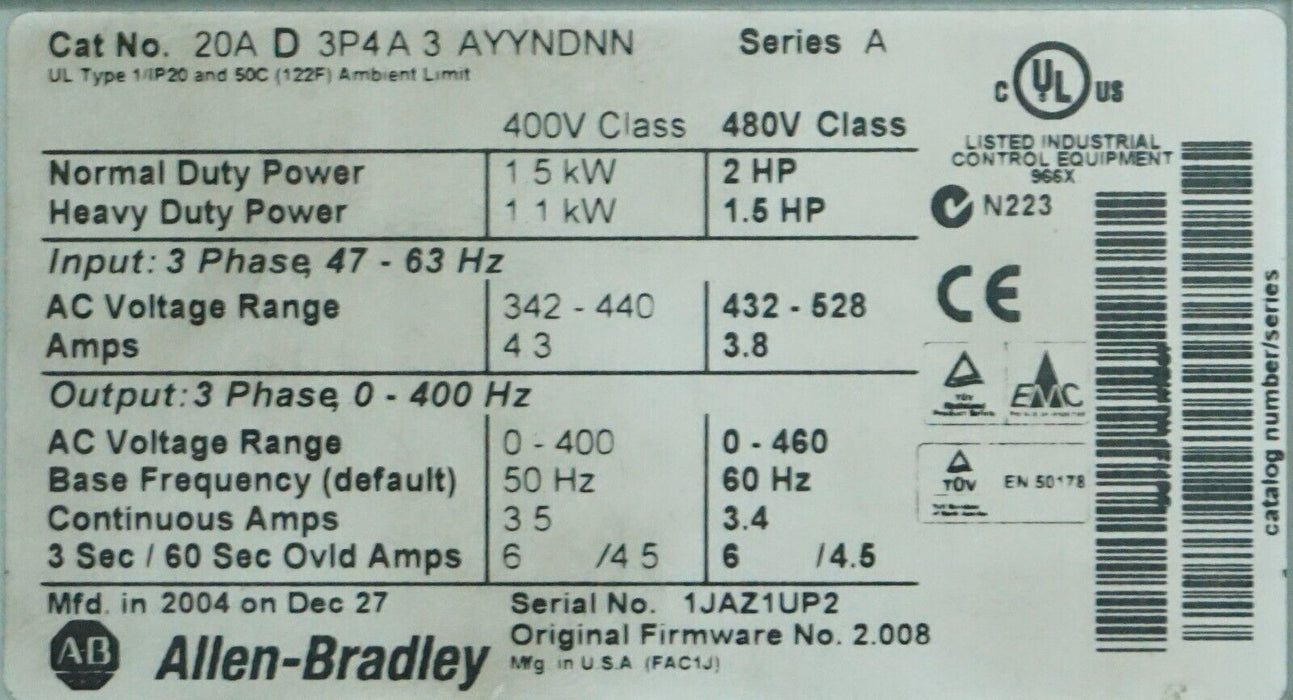 Low Hours Allen Bradley PowerFlex 70 2 HP 20AD3P4A3AYYNDNN 480 VAC FRN 2.008