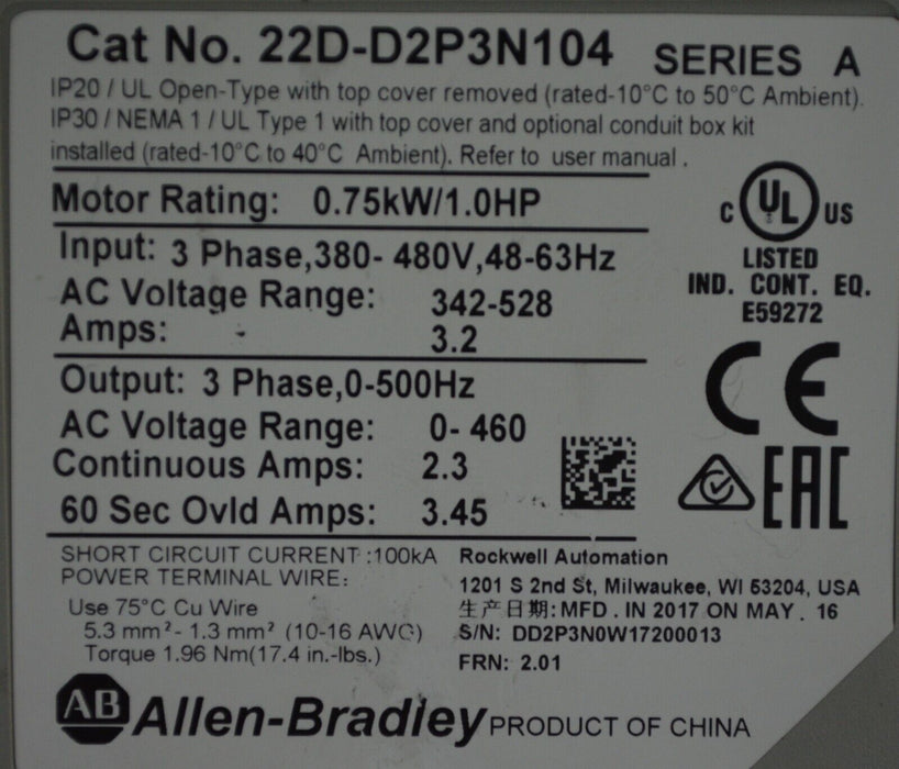 Low Hours 2017 Allen Bradley 22D-D2P3N104 PowerFlex40 Firmware 2.01 Series A