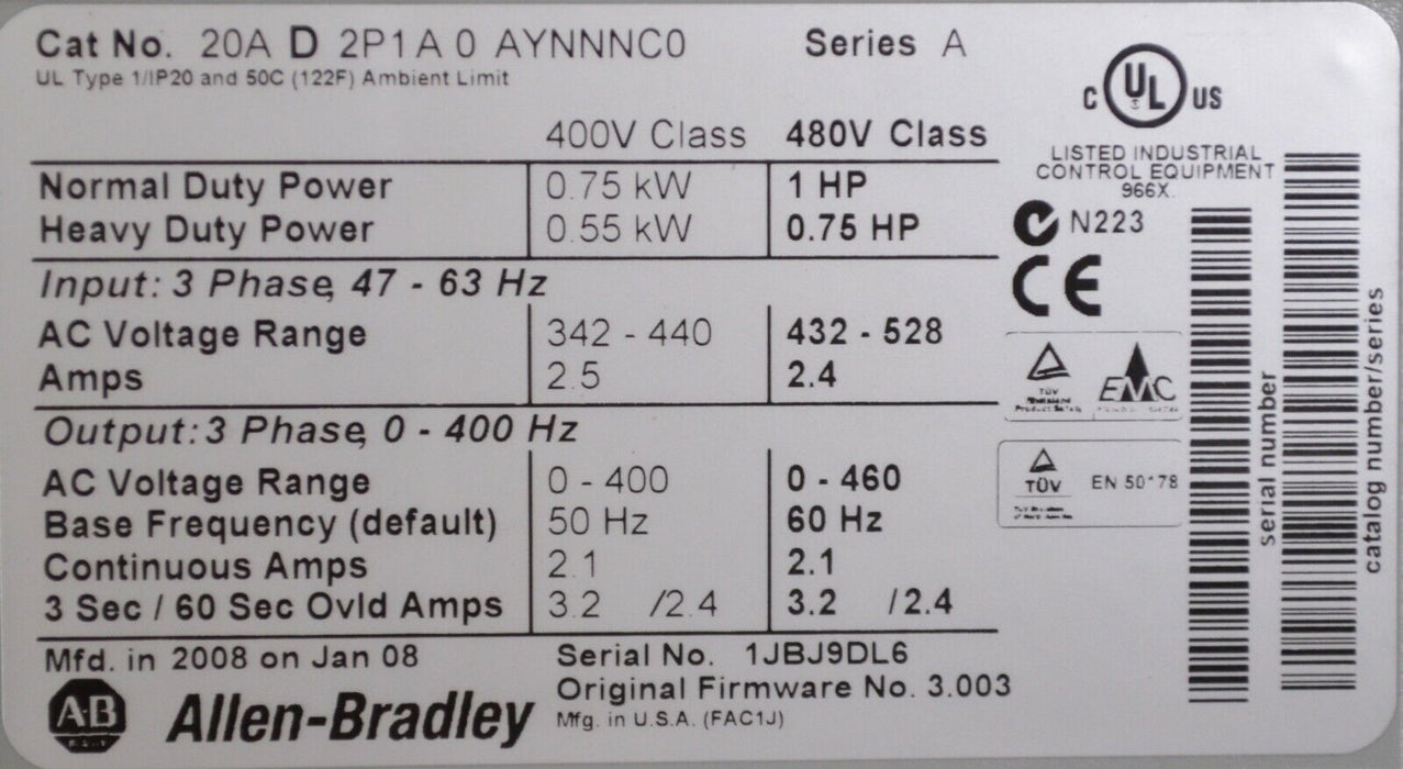 Used Allen-Bradley PowerFlex 70 1 HP 20AD2P1A0AYNNNC0 480 VAC Tested GOOD