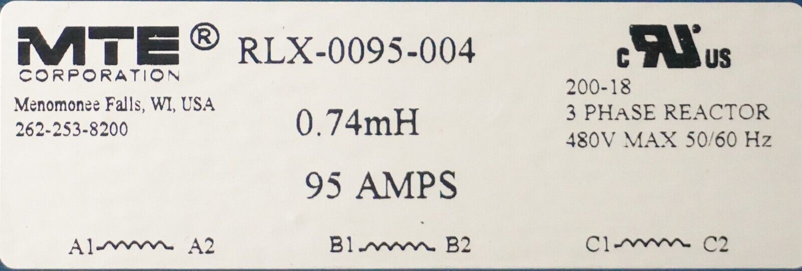 MTE Corp.  3 PHASE REACTOR RLX-0095-004 3PH 600V MAX 50/60 Hz 95A