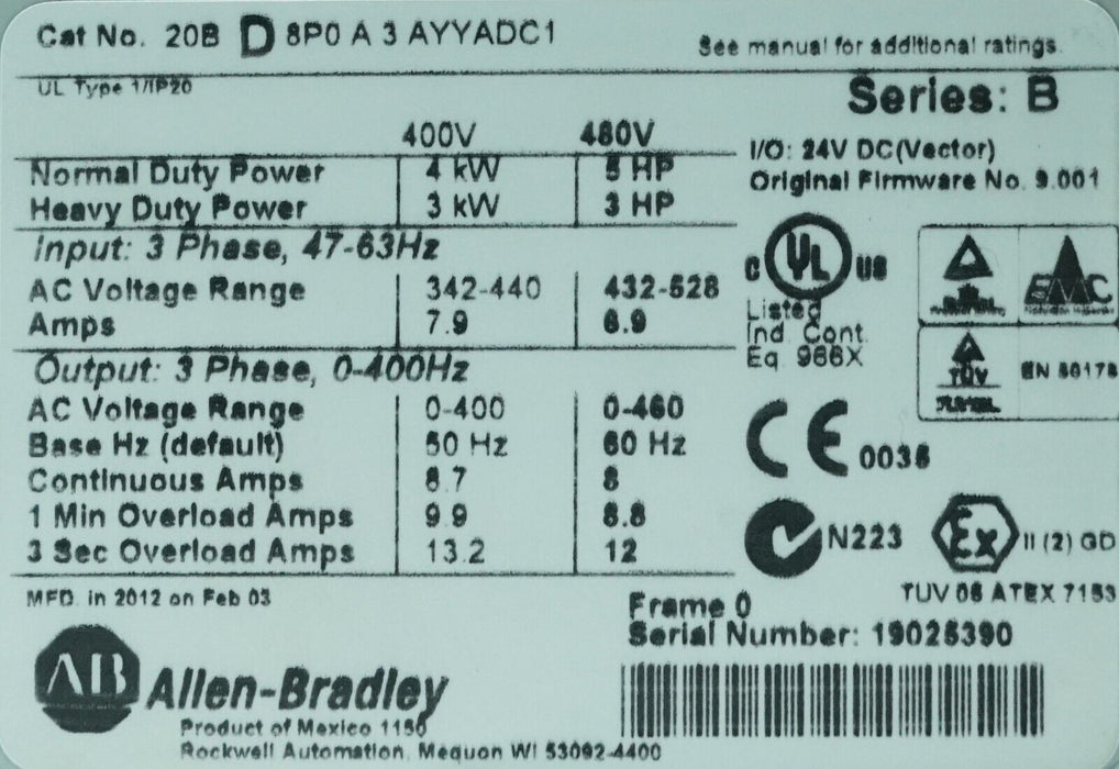 Low-Hours Allen-Bradley PowerFlex 700 5HP 20BD8P0A3AYYADC1 480VAC FRN:9.001